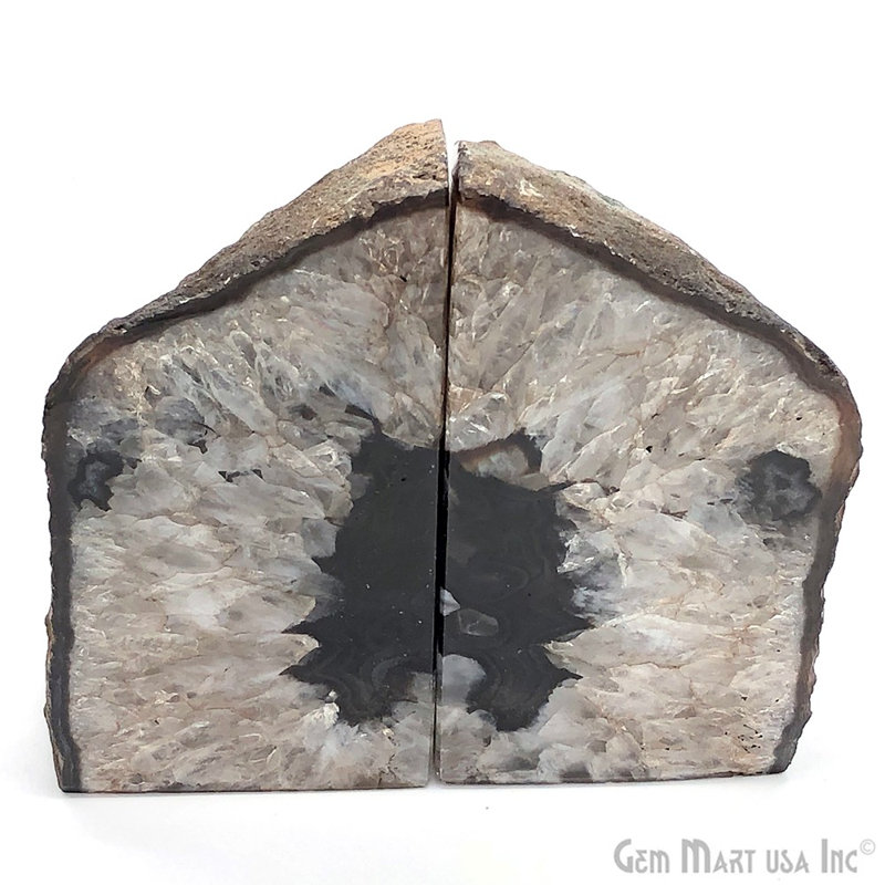 GEMMART USA Black Geode Bookend, Unique Agate Bookend Pair, Mineral